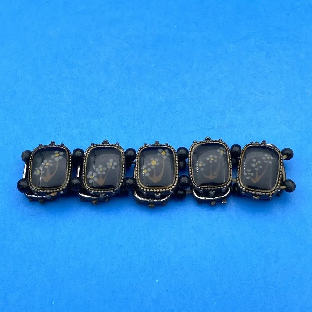 Art Deco Czech Style Black Glass Floral 10 Panel Stretch Bracelet Vintage